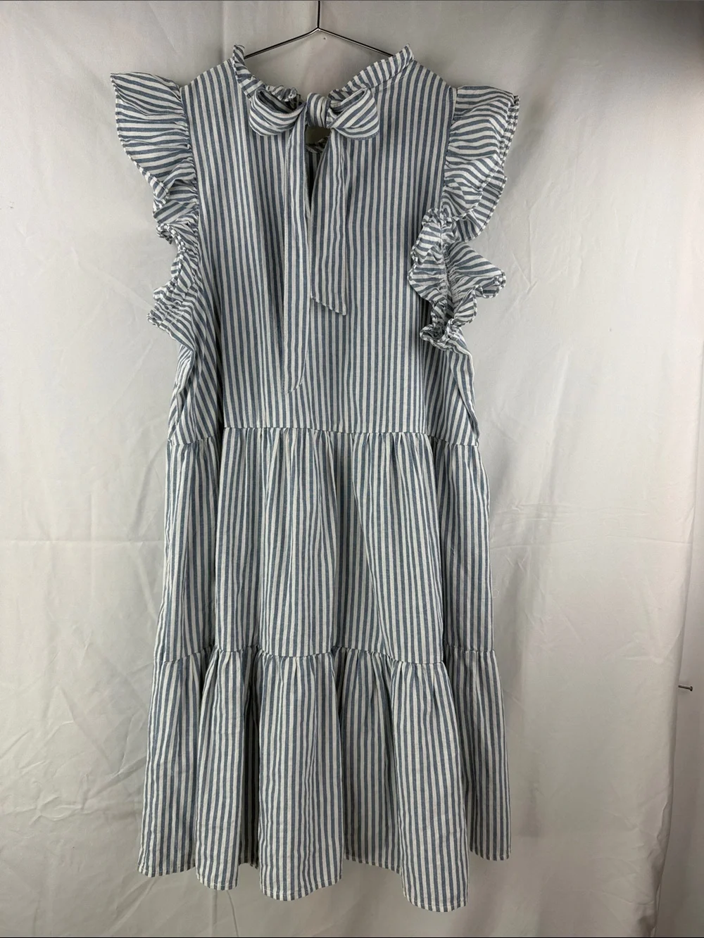 Mudpie Blue & White Striped Tiered Ruffle Sleeve Tie Back Size Large Kids Dress